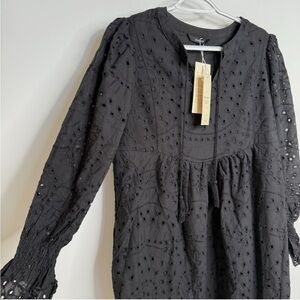 Elegant Black Eyelet Long Sleeve lined Dress